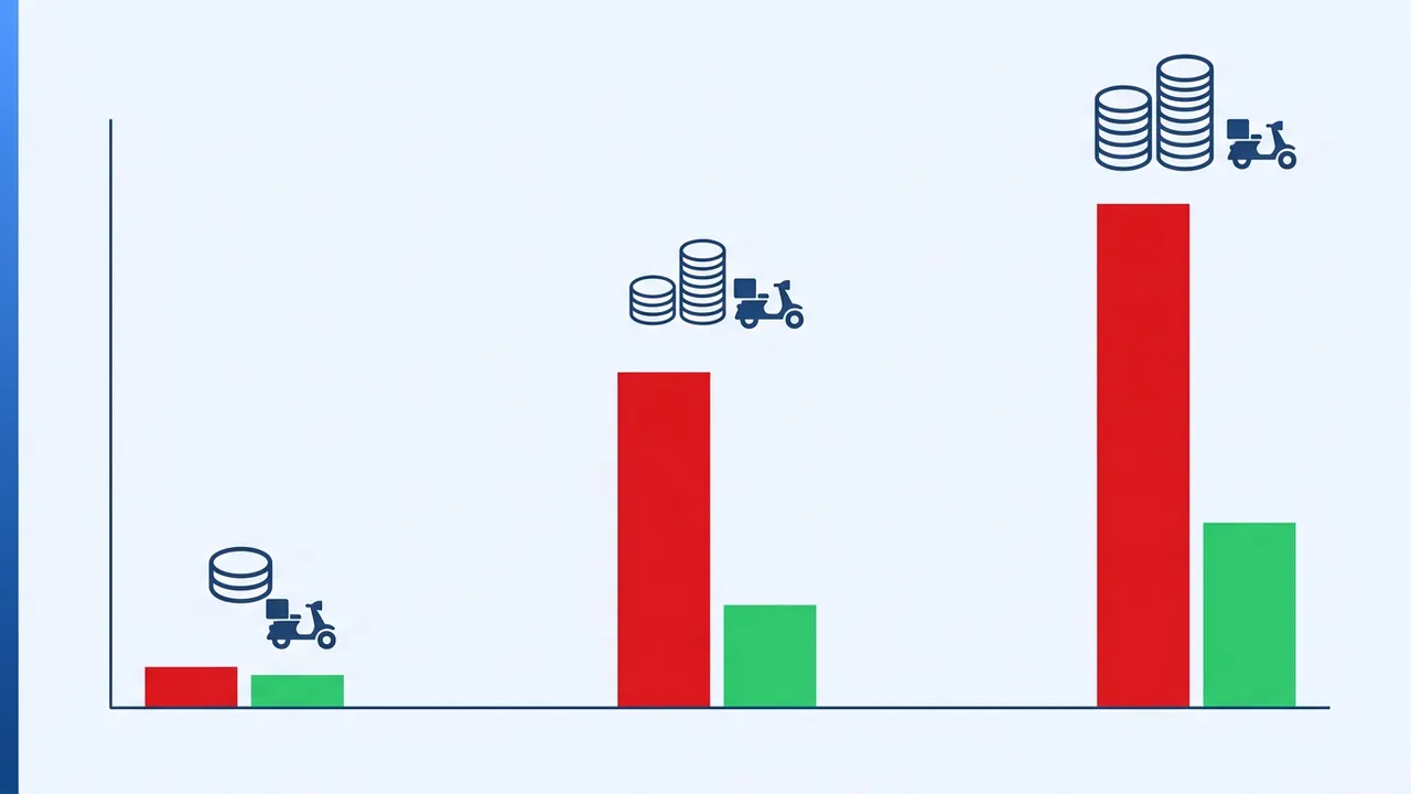 График: выручка от доставки при разных комиссиях — агрегатор 30% vs своё приложение 4%, три сценария по объёму заказов