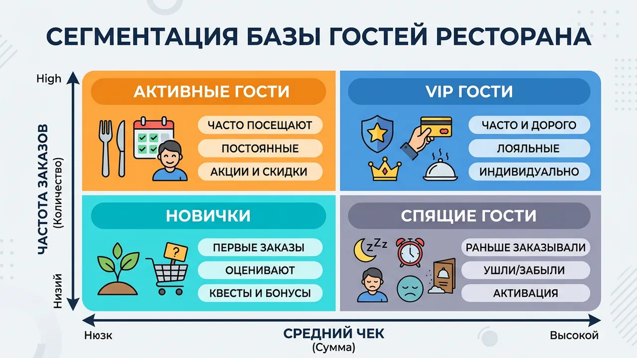 Схема сегментации базы гостей ресторана по частоте заказов и среднему чеку